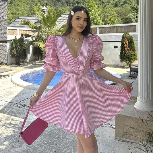 Gingham Balloon Sleeve Mini Dress Pink